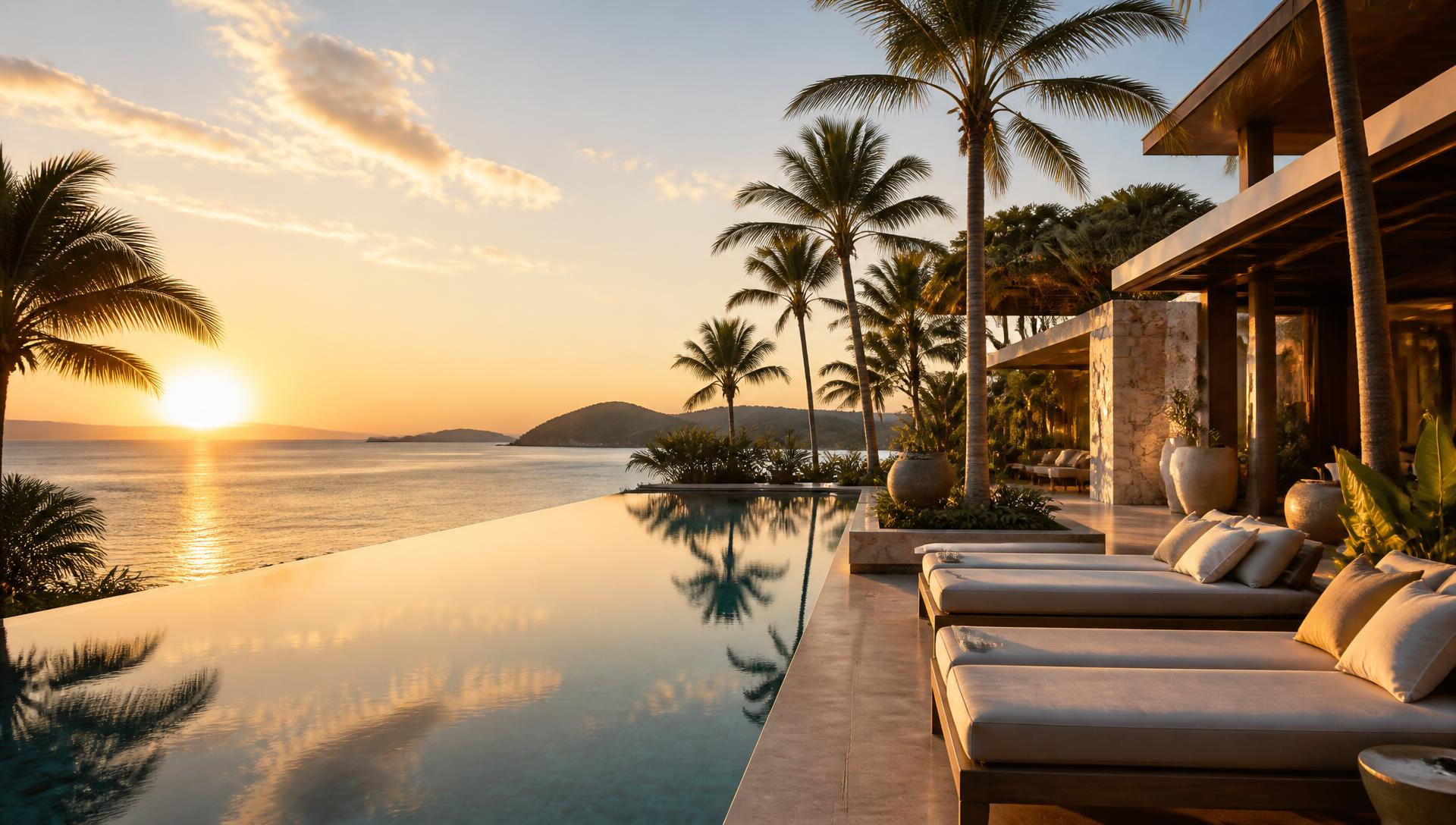 Luxury resort infinity pool overlooking the sea at sunset